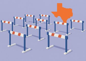 Payroll concept with Texas map, calculator, and documents highlighting challenges for SMBs.