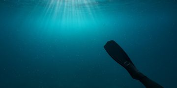 Clear blue ocean with sunlight penetrating water, showcasing underwater visibility during a dive