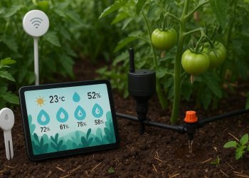 Automated smart garden system with sensors and connected devices nurturing healthy plants