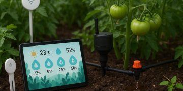 Automated smart garden system with sensors and connected devices nurturing healthy plants