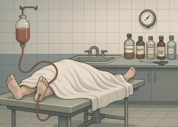 Embalming process equipment and materials arranged on a preparation table for body preservation