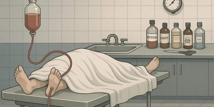 Embalming process equipment and materials arranged on a preparation table for body preservation