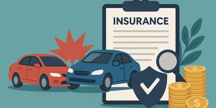 Damaged car on road illustrating various car insurance coverage types after an accident