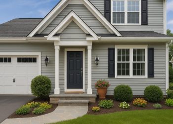 Beautifully landscaped front yard with new paint, modern lighting, and lush green plants