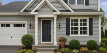 Beautifully landscaped front yard with new paint, modern lighting, and lush green plants