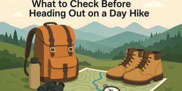 Day hiking essentials packed in a backpack on a trail, ready for an outdoor adventure